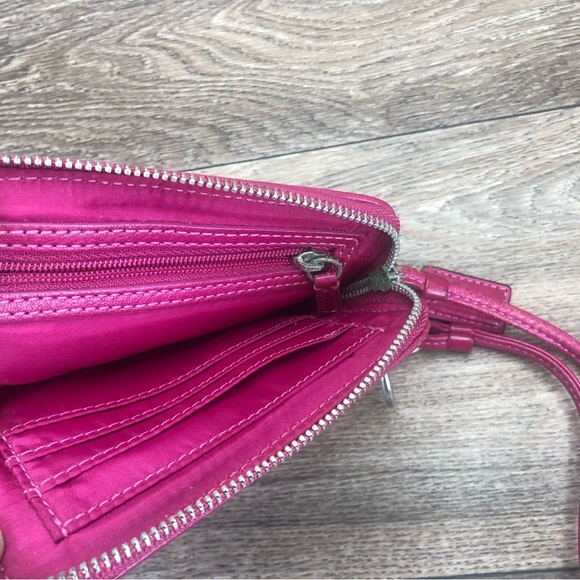 Coach Coin Wallet Wristlet Khaki Hot Pink Leather Trim Silver Logo Plate - Picture 6 of 10